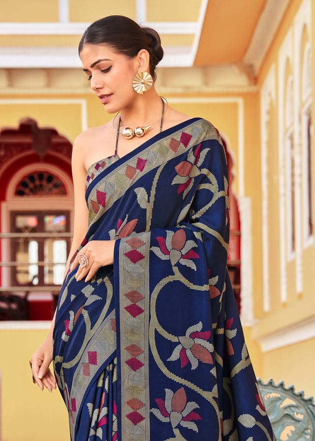 Twilight Blue Floral Printed Soft Silk Saree