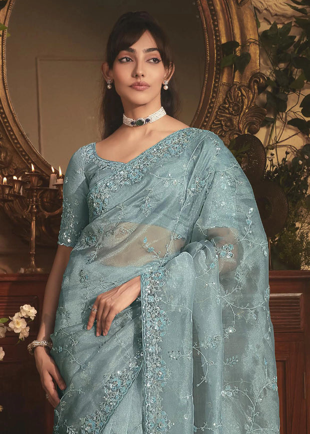 Aqua Mist Designer Tissue Organza  Saree