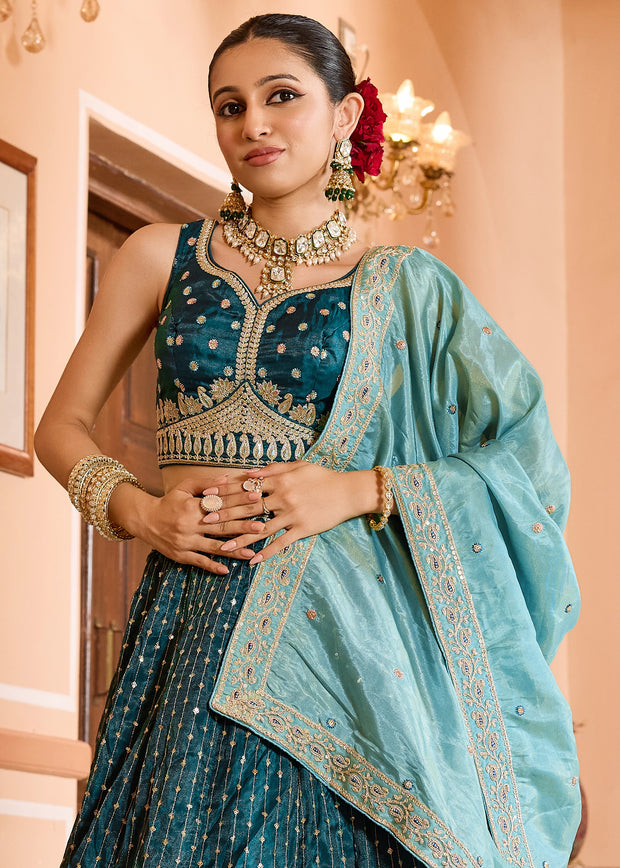 Coral Blue Tissue Silk Embroidered Lehenga