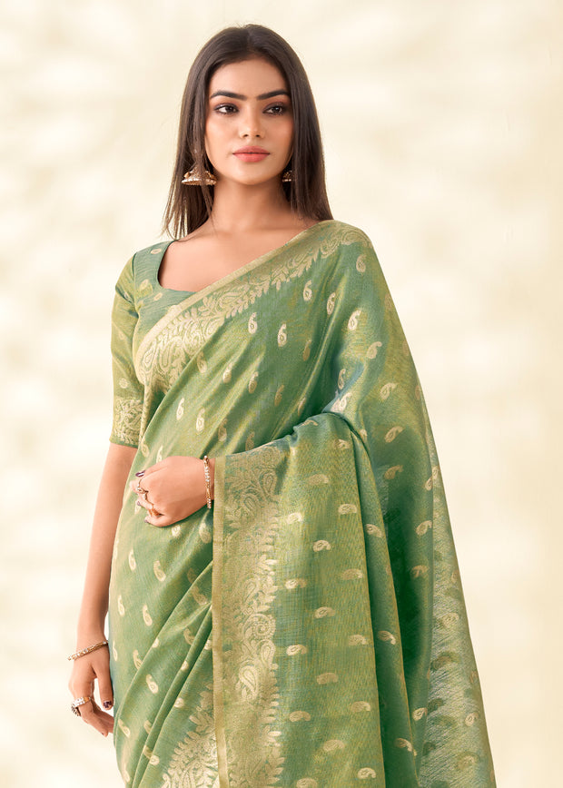 Basil Green Woven Linen Tissue Silk Saree