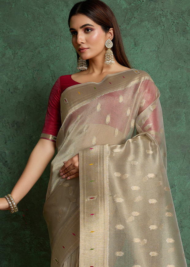 Silver Shine Woven Banarasi Tissue Saree With Meenakari Butas