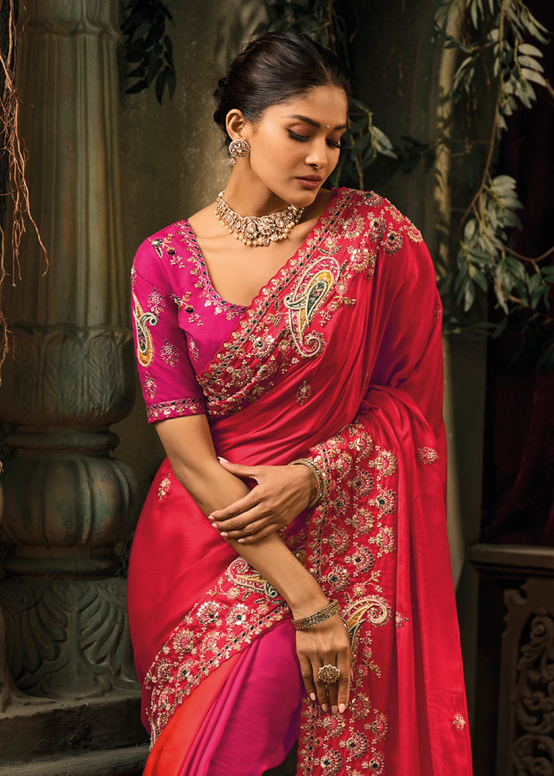 Bridal Pink Designer Embroidered Silk Saree
