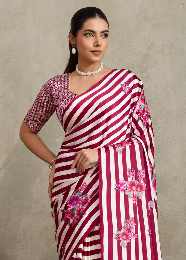 Mauve Pink Printed Satin Silk Saree