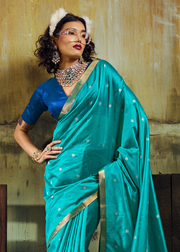 Teal Blue Banarasi Tusser Silk Saree