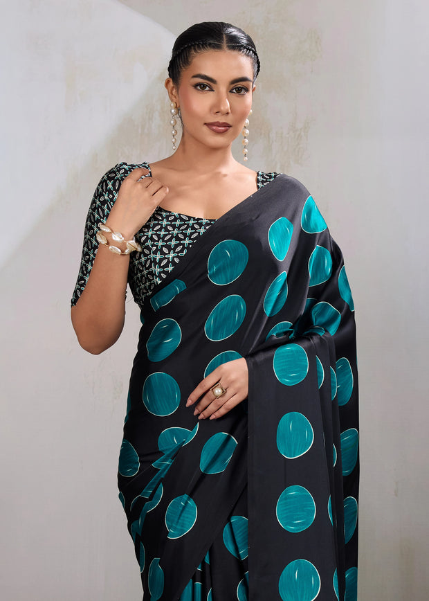 Teal Blue Printed Satin Silk Saree