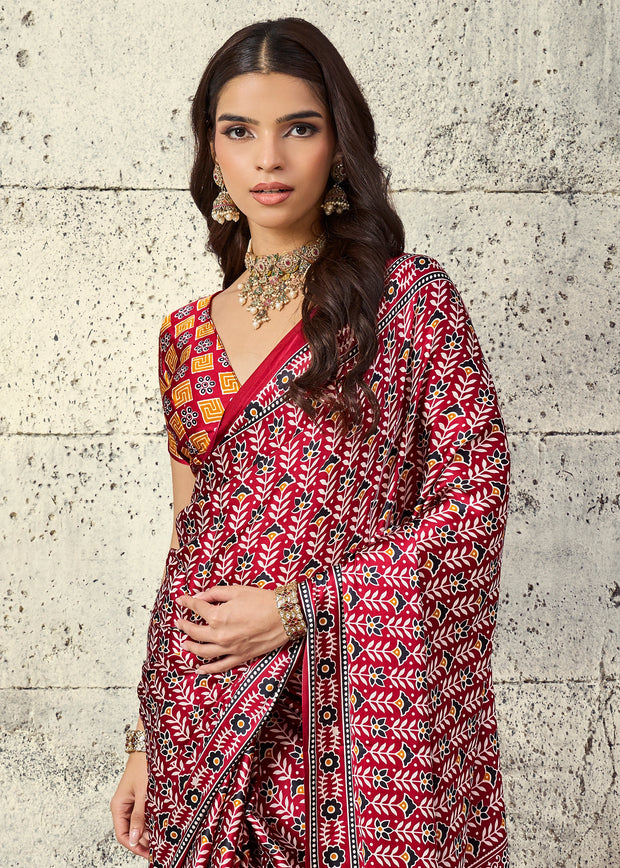 Red Printed Satin Silk Saree