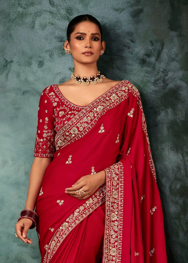 Flame Red Designer Embroidered Saree