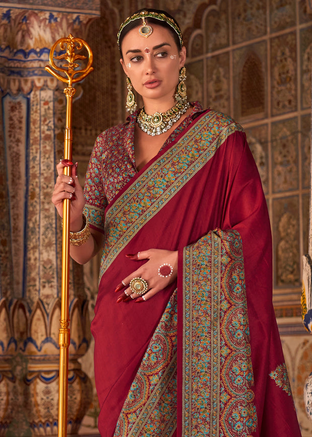 Maroon Printed Kashmiri Jamewar Saree
