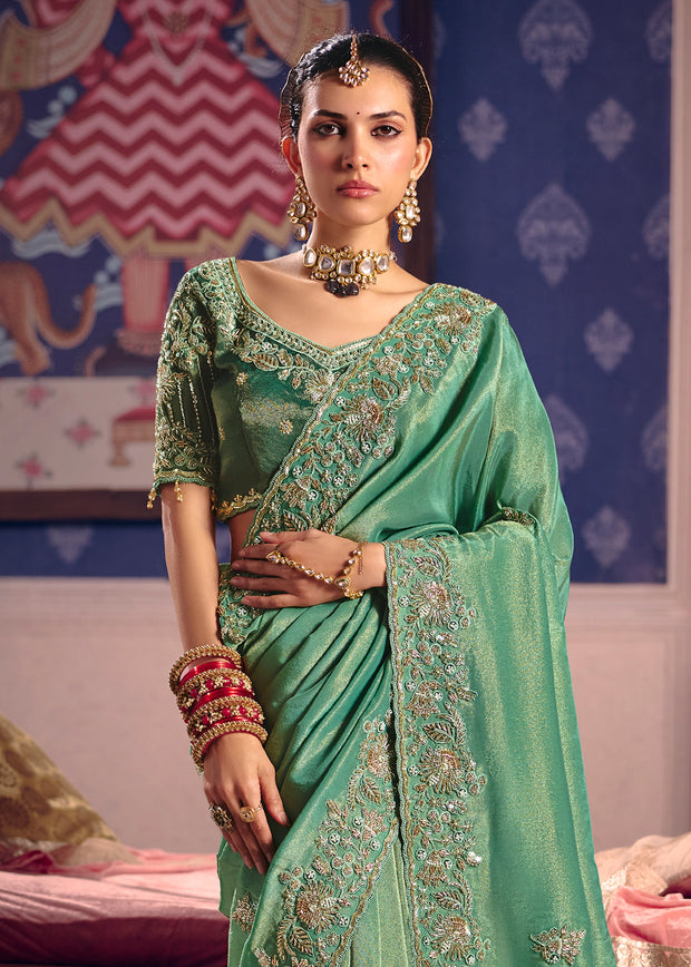 Summer Green Embroidered Tissue Designer Saree