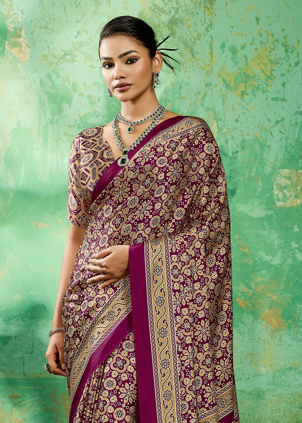 Purple Printed Satin Silk Saree