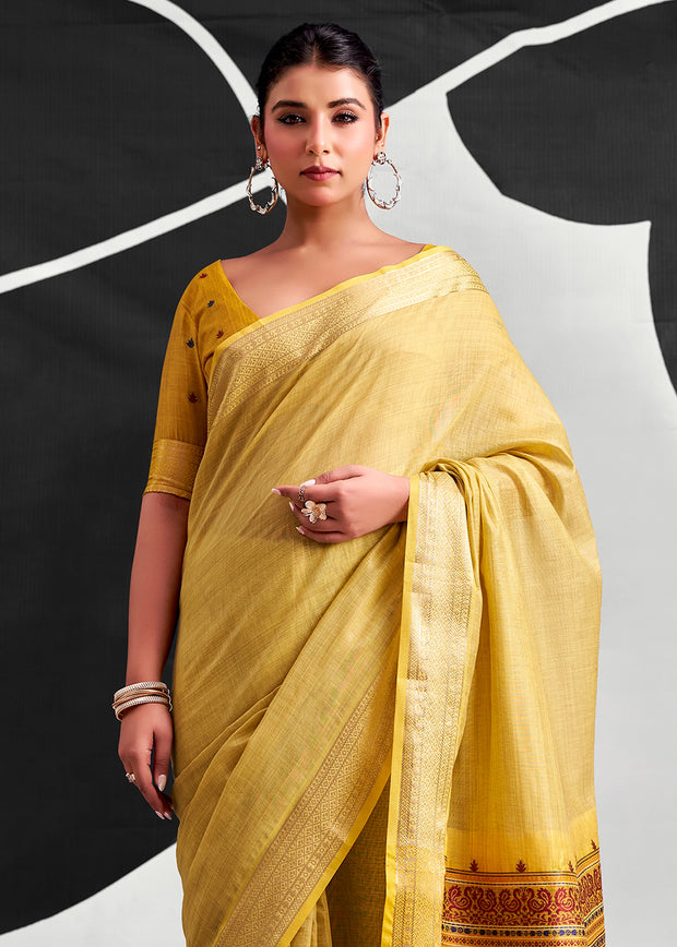 Dusky Yellow Woven Linen Cotton Silk Saree