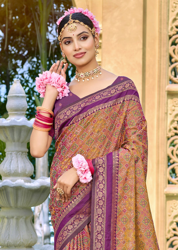 Brown And Purple Woven Banarasi Silk Saree