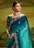 Peacock Blue Heavy Embroidered Designer Silk Saree With contrast Blouse