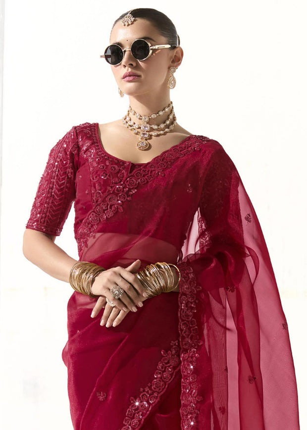 Beet Red Designer Organza Tissue Silk Saree