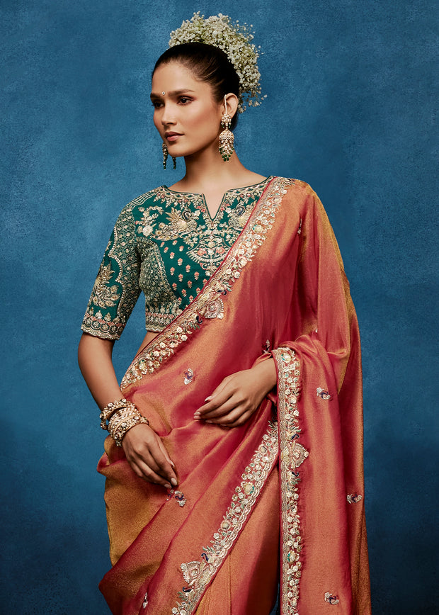 Rust Orange Embroidered Designer Tissue Saree