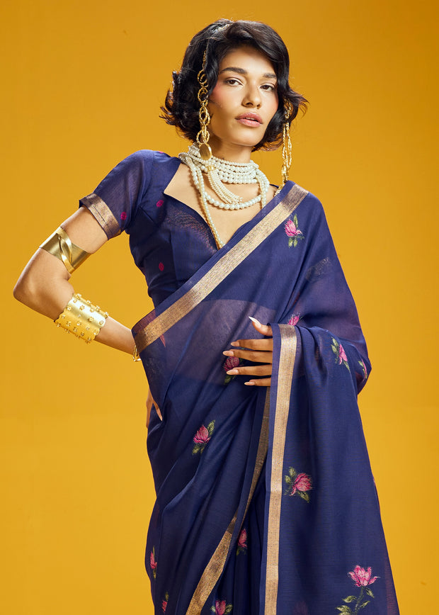 Indigo Blue Woven Munga Cotton Silk Saree