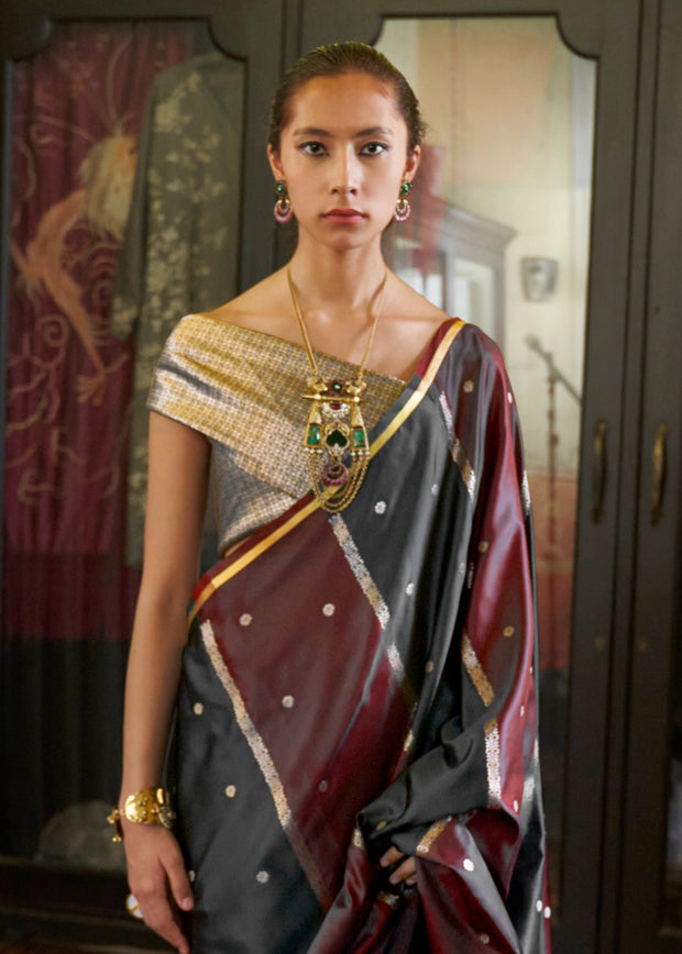 Black And Maroon Rangkat Satin Silk Saree