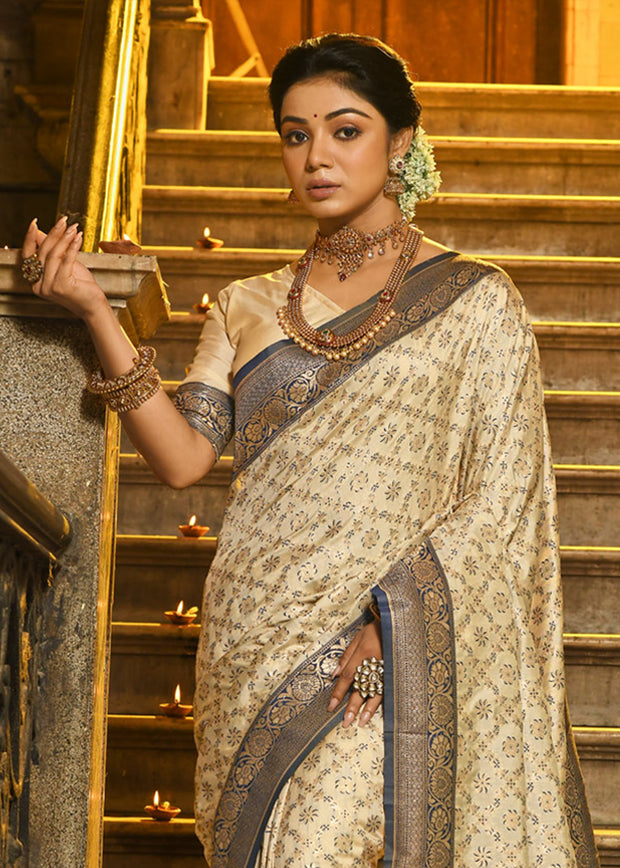 Blue And Beige Woven Banarasi Brocade Silk Saree With Overall Jaal