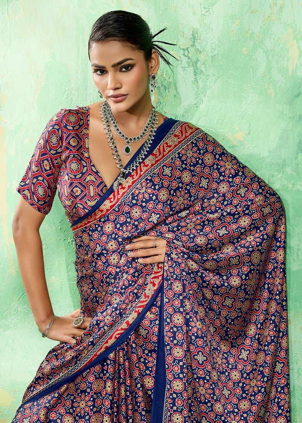 Blue Printed Satin Silk Saree