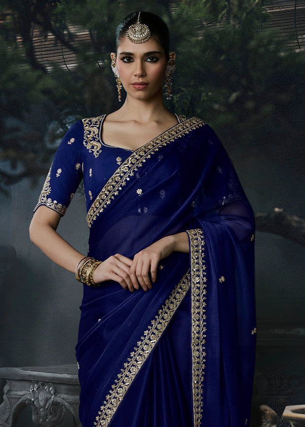 Navy Blue Embroidered Designer Saree