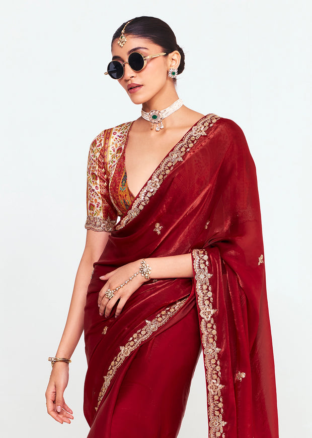 Maroon Designer Embroidered Tissue Saree