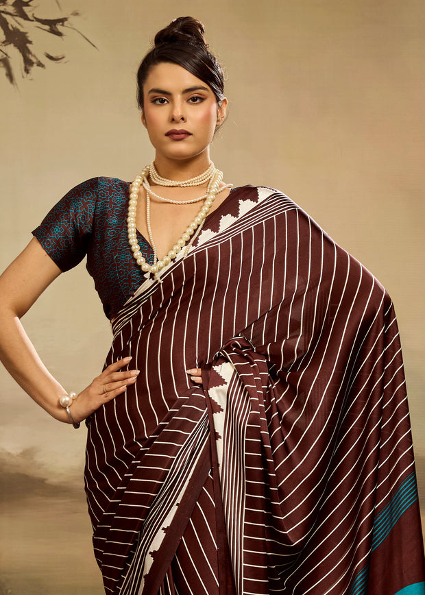 Deep Maroon Printed Satin Silk Saree