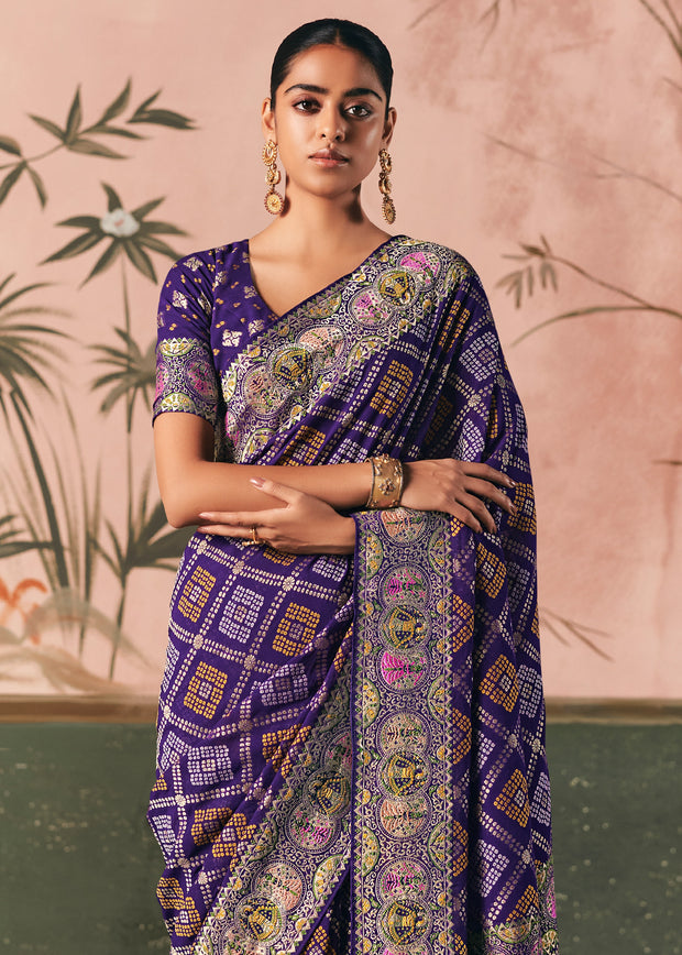 Imperial Purple Woven Georgette Bandhej Saree