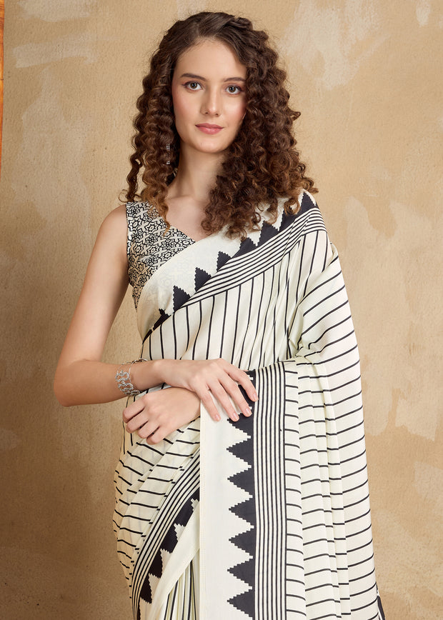 Black And White Printed Satin Silk Saree