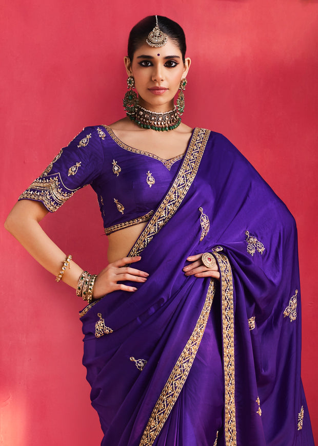 Royal Purple Embroidered Soft Silk Saree With Contrast Blouse