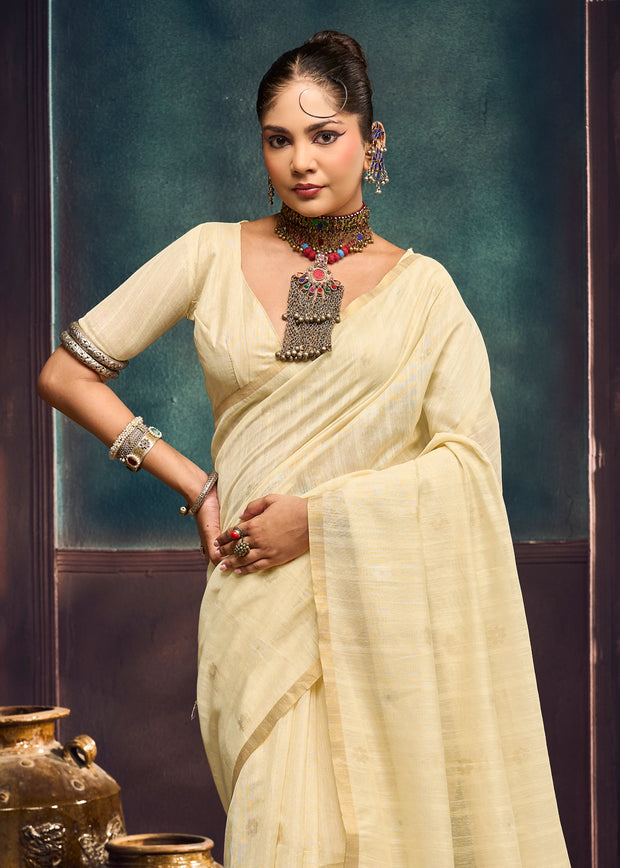 Cream White Woven Munga Cotton Silk Saree