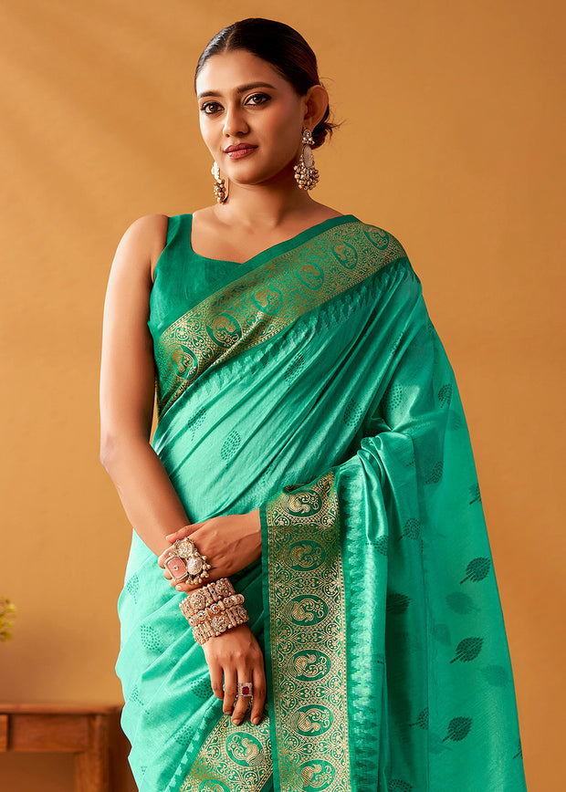 Mint Green Woven Banarasi Cotton Silk Saree