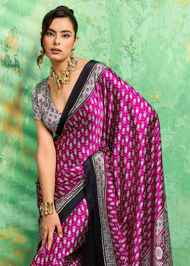 Orchid Purple Printed Satin Silk Saree