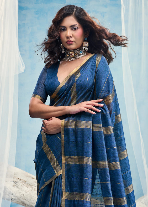 Indigo Blue Woven Munga Cotton Saree