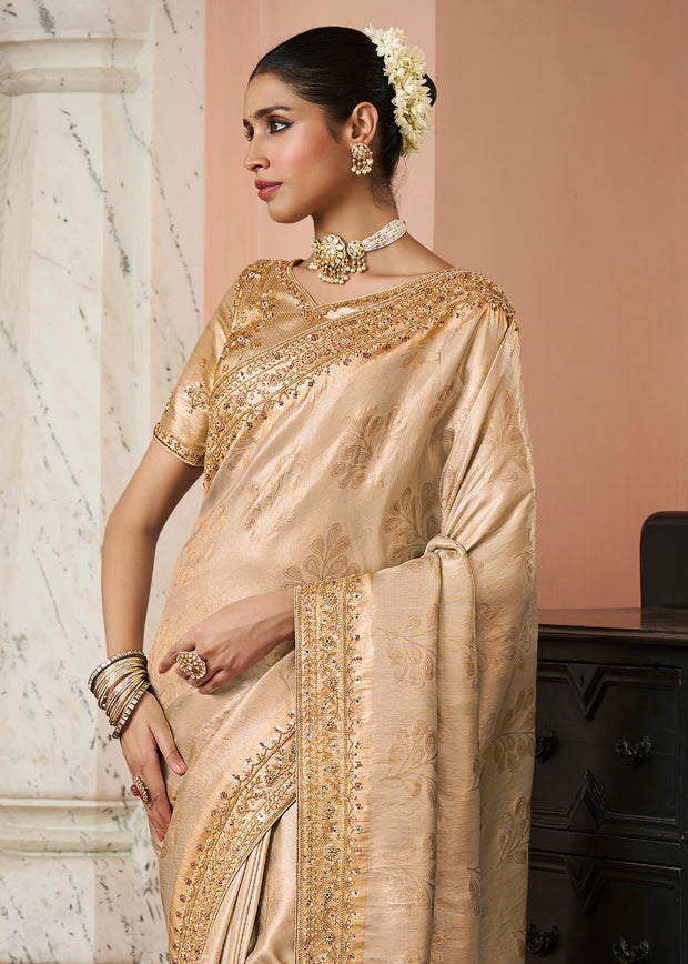 Golden Beige Bead Work Kanjivaram Soft Silk Saree