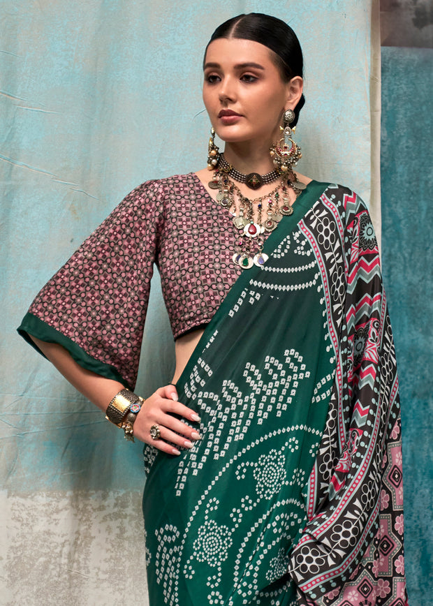 Hunter Green Satin Crepe Printed Silk Saree