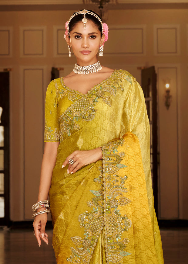 Shades Of Yellow Designer Embroidered Silk Saree