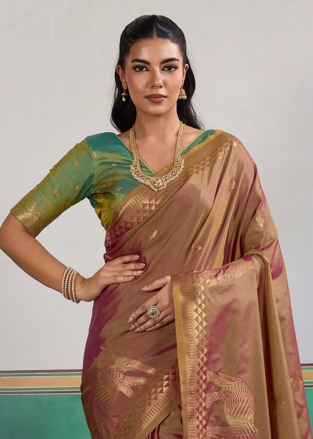 Almond Brown Woven Silk Saree With Contrast Blouse