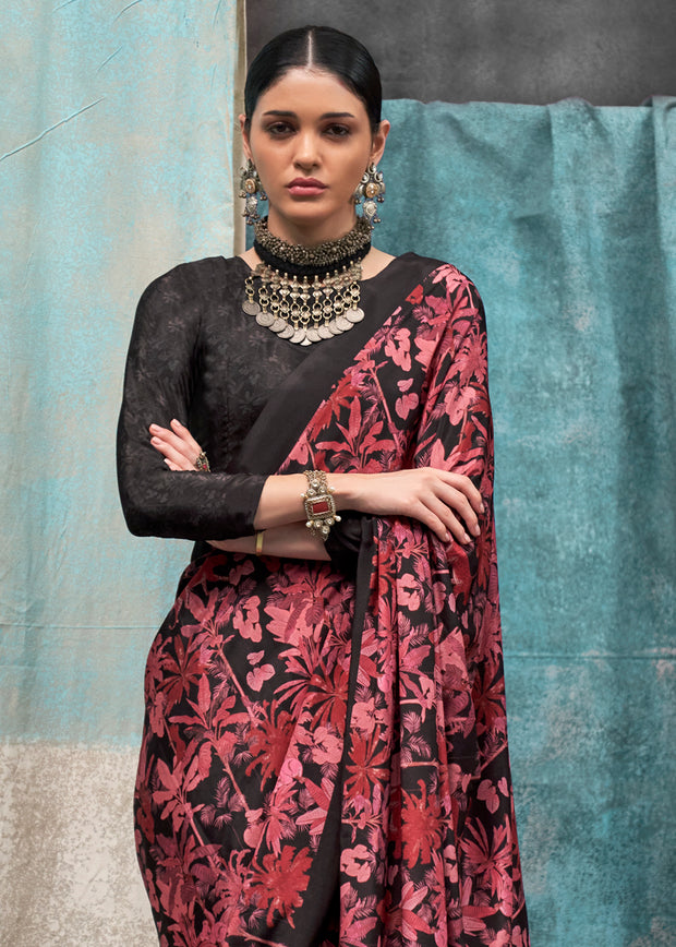 Persian Red And Black Satin Crepe Printed Silk Saree