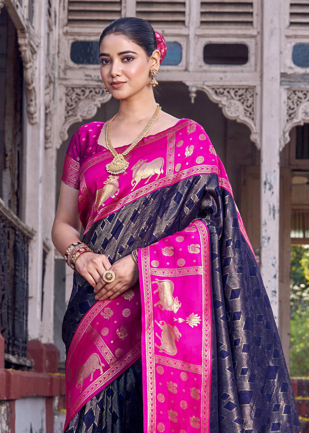 Midnight Blue Woven Banarasi Silk Saree