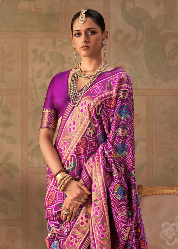 Dahlia Purple Printed Patola Silk Saree