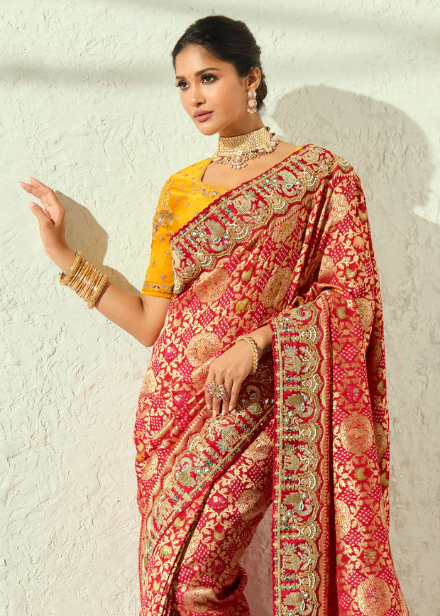 Red Embroidered Georgette Bandhej Saree