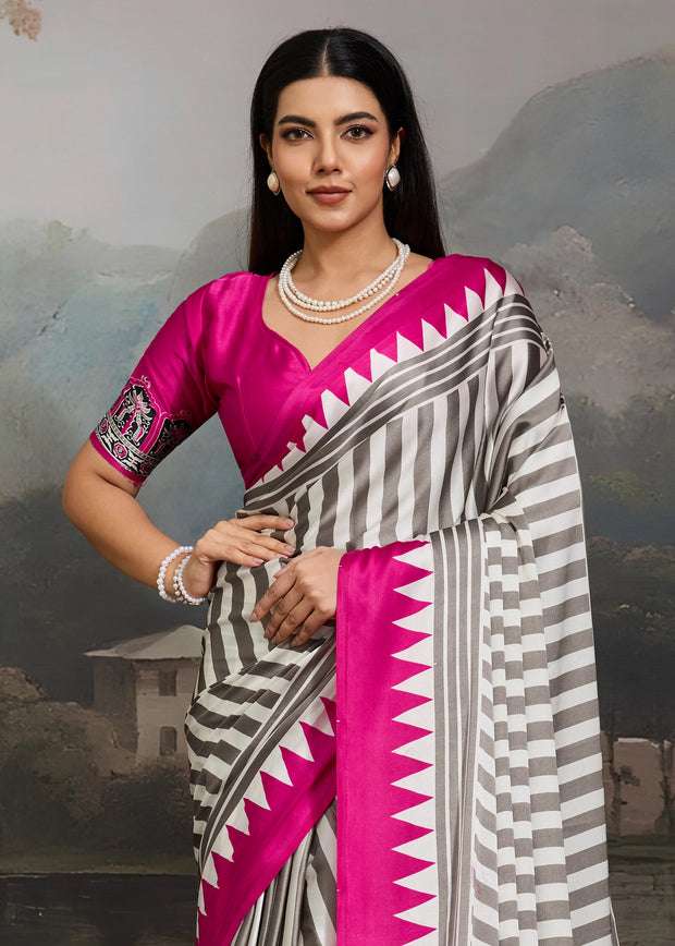 Hot Pink And White Printed Satin Silk Saree