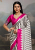 Hot Pink And White Printed Satin Silk Saree