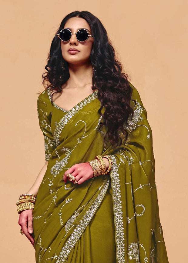 Olive Green Embroidered Designer Tissue Saree