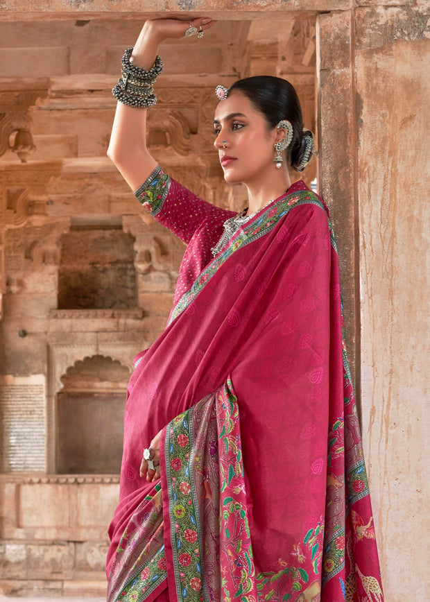 Hot Pink Printed Silk Saree