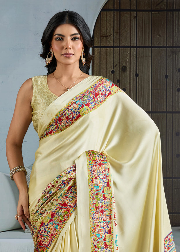 Cream Printed Satin Silk Saree