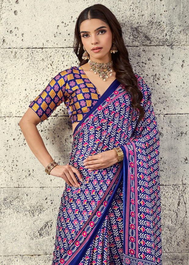Crystal Blue Printed Satin Silk Saree