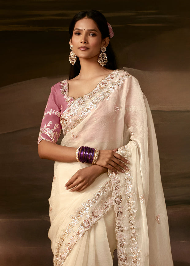 Off White Embroidered Designer Organza Saree
