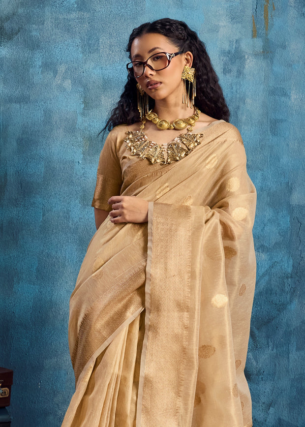 Golden Beige Woven Paithani Tissue Silk Saree