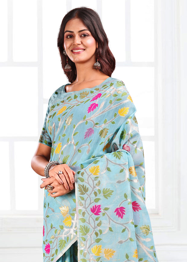 Aruba Blue Woven Linen Cotton Silk Saree
